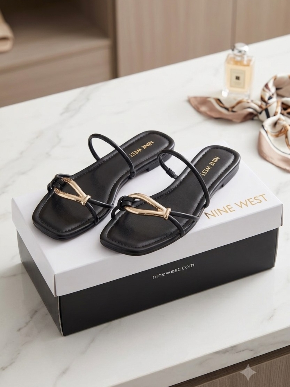 Nine West Black Slide Sandals with Gold V-Link Accent